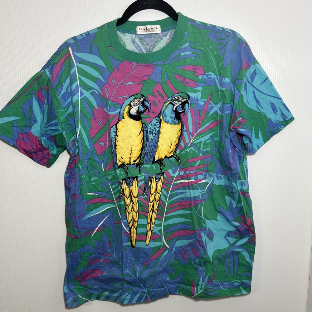 Vintage‎ Guy Laroche T-Shirt Artsy Parrot Tropical AOP Single Stitch 42” Chest